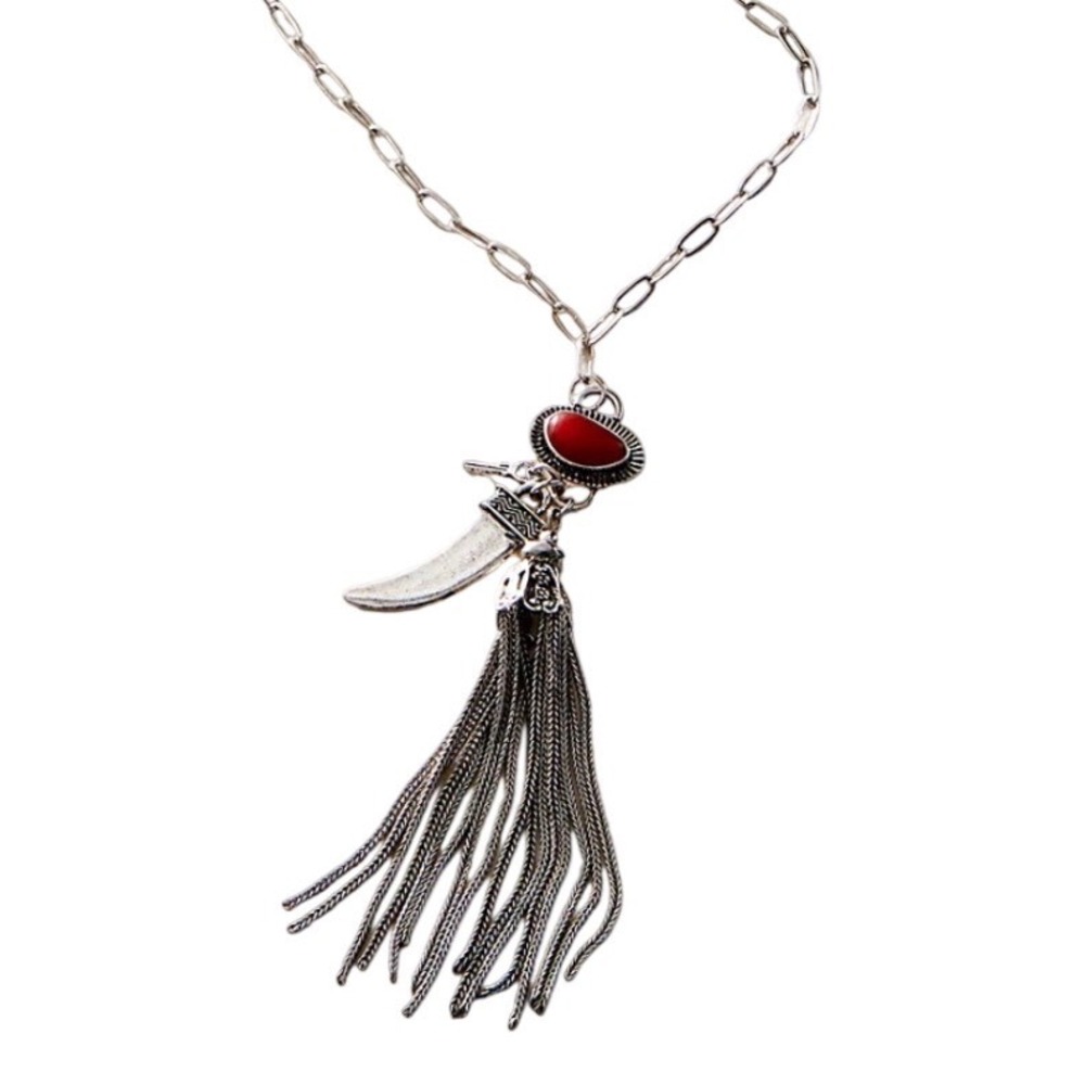 Free People Dandee Long Necklace NWT Silver Red Agate Tassel Boho Charm
